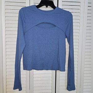 SO Women's L Ribbed Blue Cutout Long Sleeve Top